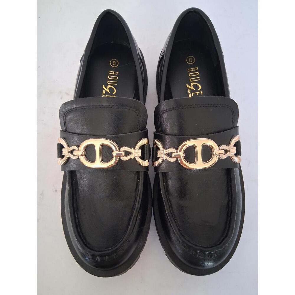Rouge Helium Women Slip On Casual Low Chunky Heel Gold Chain Loafer, Size 8